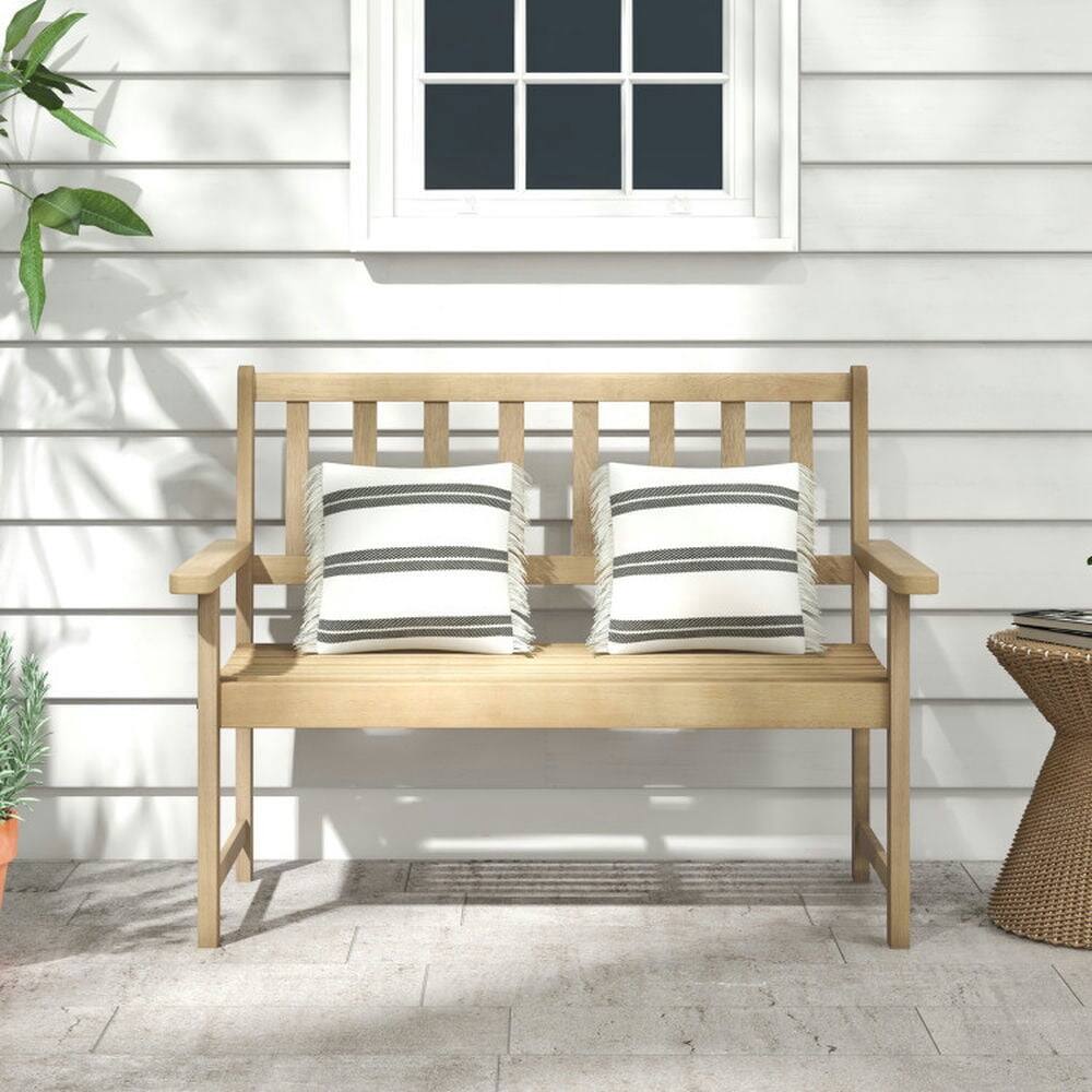 Back. Pefilos - Outdoor Indonesia Teak Wood Garden Bench, 2-Person Wood Bench with Backrest and Armrests - Brown.