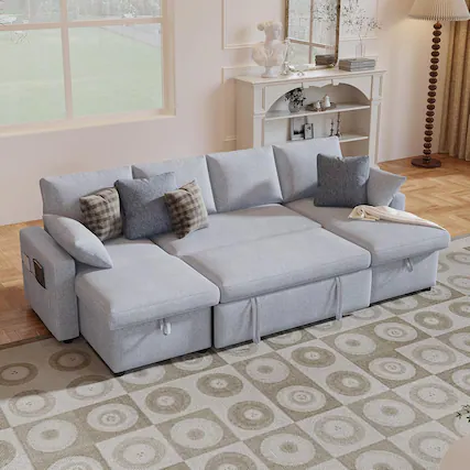 Front. Essen Blissed - 4-in-1 Sofa Bed,Pull Out Bed and Double Storage Chaise Sectional Couch for Living Room,Apartment and Hotel, Light Gray - Light Gray.