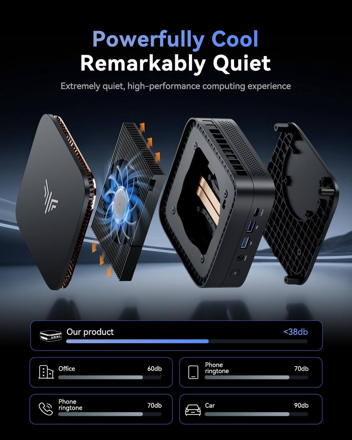 Powerfully Cool Remarkably Quiet  
Extremely quiet, high-performance computing experience

Our product  
<38db

Office  
60db

Phone ringtone  
70db

Car  
90db