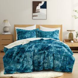 Peace Nest - Sherpa Fluffy Faux Fur Comforter Set Plush Reversible Bedding Set - Blue