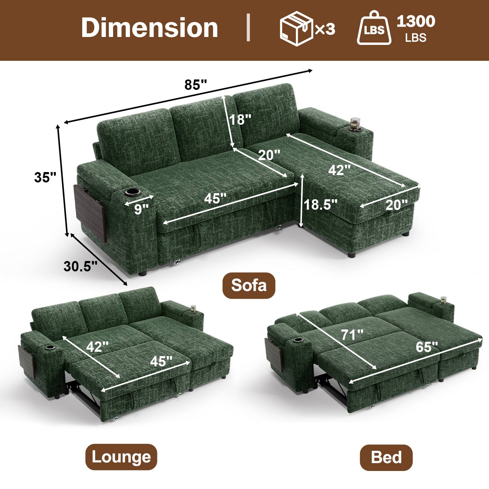 Back. Dyonery - Dyonery 85" Modular Sectional Sleeper Sofa with Pull Out Bed, 3 Seat L Shaped with Reclining Backrest,Chenille Green - Green.