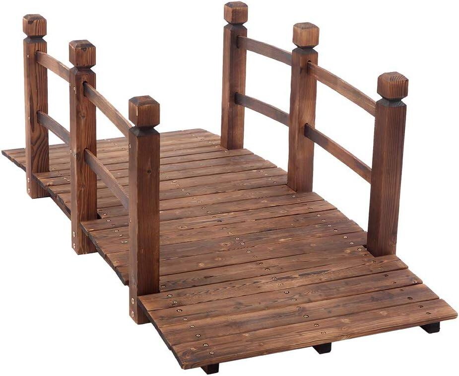 Front. Winado - 5FT Wooden Bridge with Safety Handrails Stained Footbridge Arch Walkway for Outdoor Backyard Garden Courtyard Decoration - Carbonized.