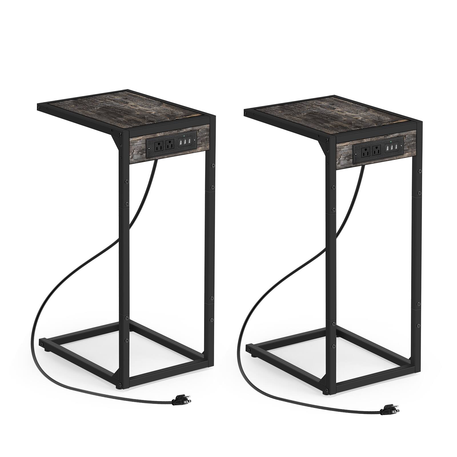 Angle. Oumilen - Set of 2 C-Shaped Side Tables with Charging Station – Rustic Wood End Table with AC/USB, Slides Under Sofa - Grey.