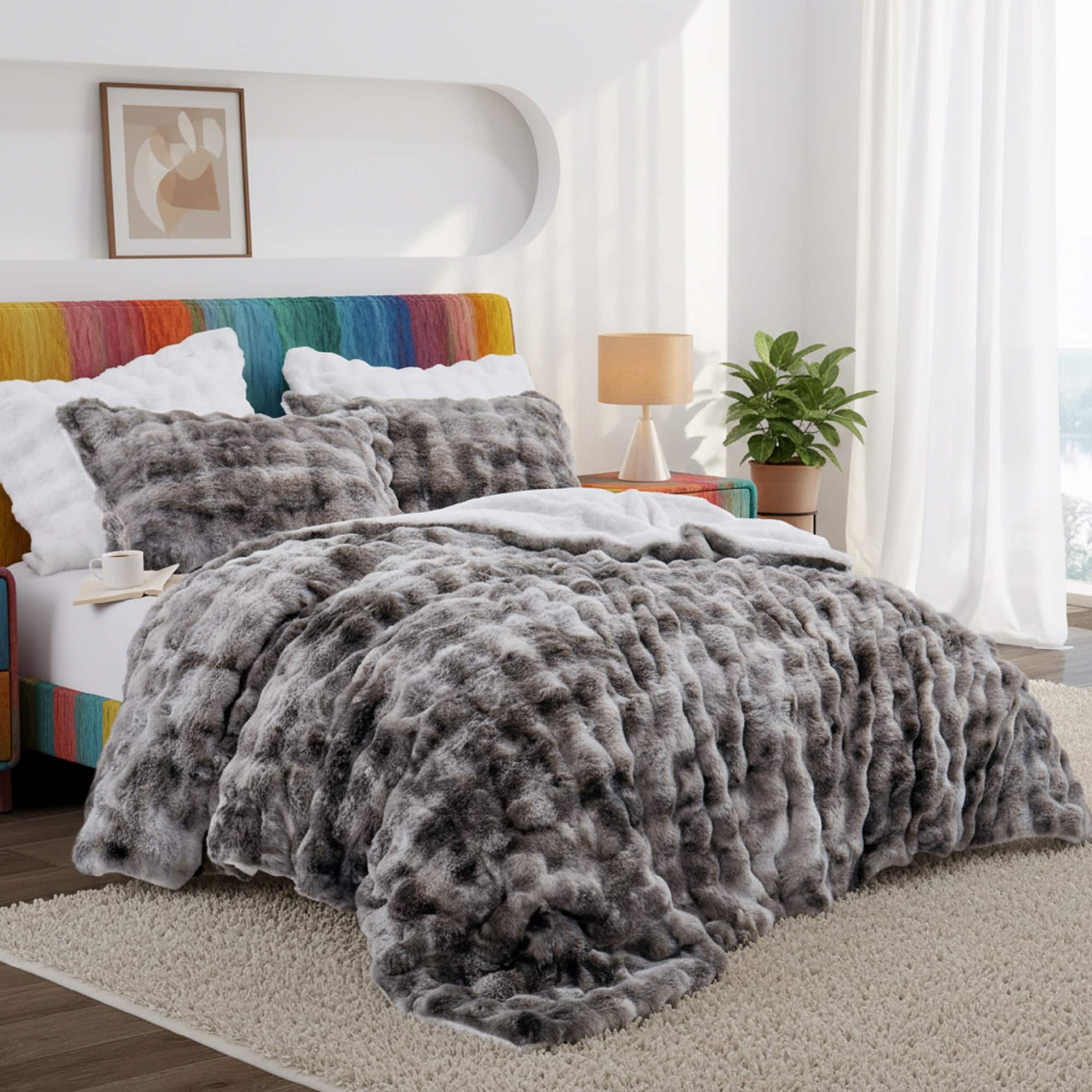 Front. Peace Nest - Peace Nest Ultra-Soft Faux Fur Comforter Set with Plush Tie-Dye & Reversible Sherpa, Dark Gray, King - Dark Gray.