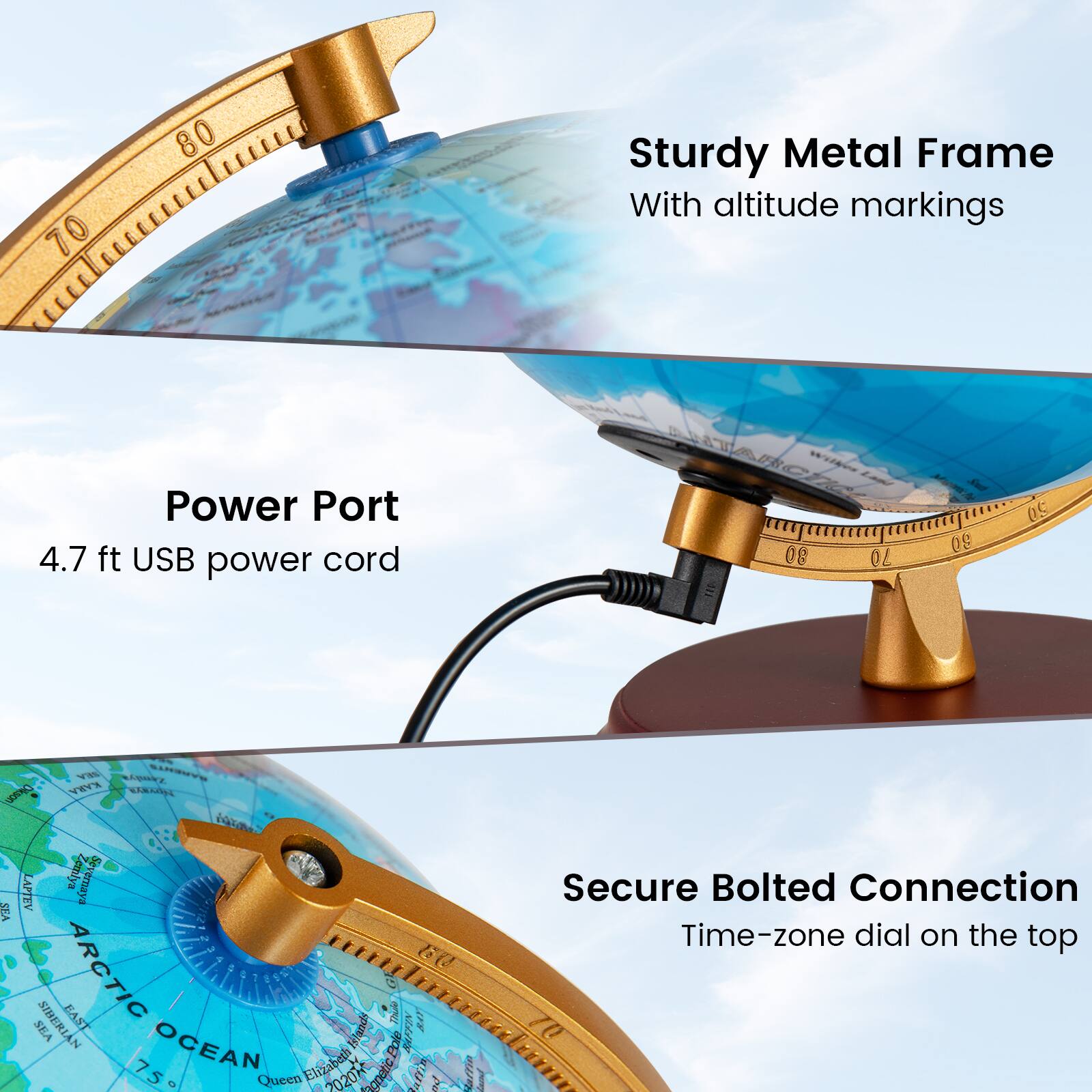 Sure, here is the corrected and grouped text from the image:

---

**Sturdy Metal Frame**  
With altitude markings

**Power Port**  
4.7 ft USB power cord

**Secure Bolted Connection**  
Time-zone dial on the top

---