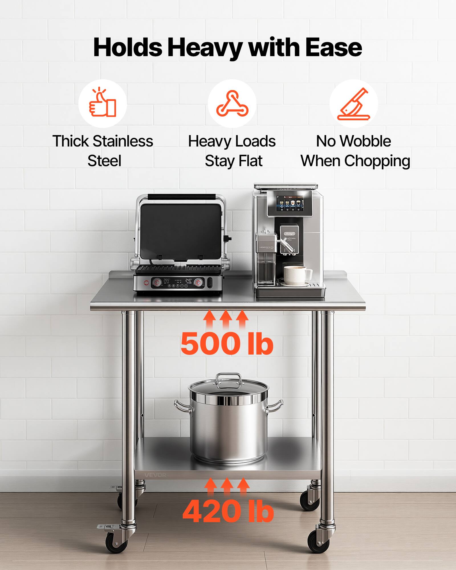 Holds Heavy with Ease  
Thick Stainless Steel  
Heavy Loads Stay Flat  
No Wobble When Chopping  

500 lb  
420 lb