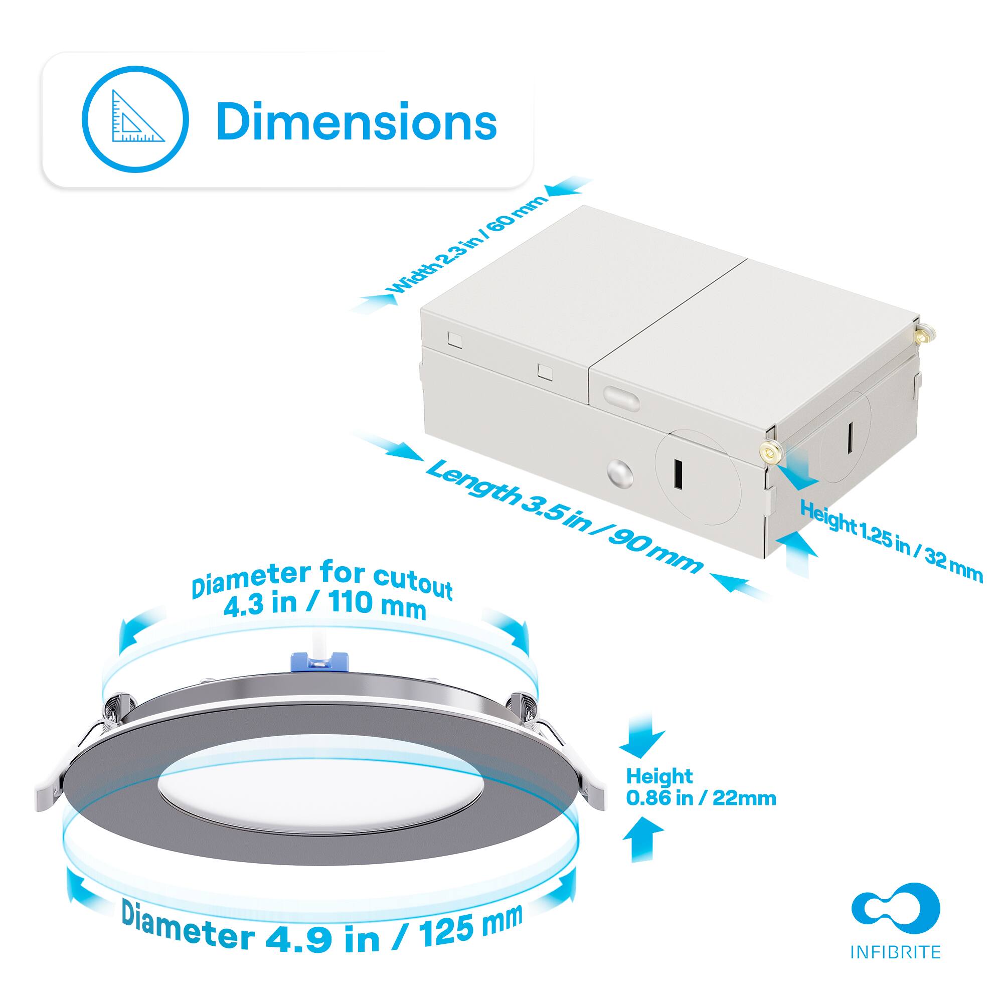 Dimensions  
- Width: 23 in / 60 mm  
- Length: 3.5 in / 90 mm  
- Height: 1.25 in / 32 mm  
- Diameter for cutout: 4.3 in / 110 mm  
- Diameter: 4.9 in / 125 mm  
- Height: 0.86 in / 22 mm  

INFIBRITE