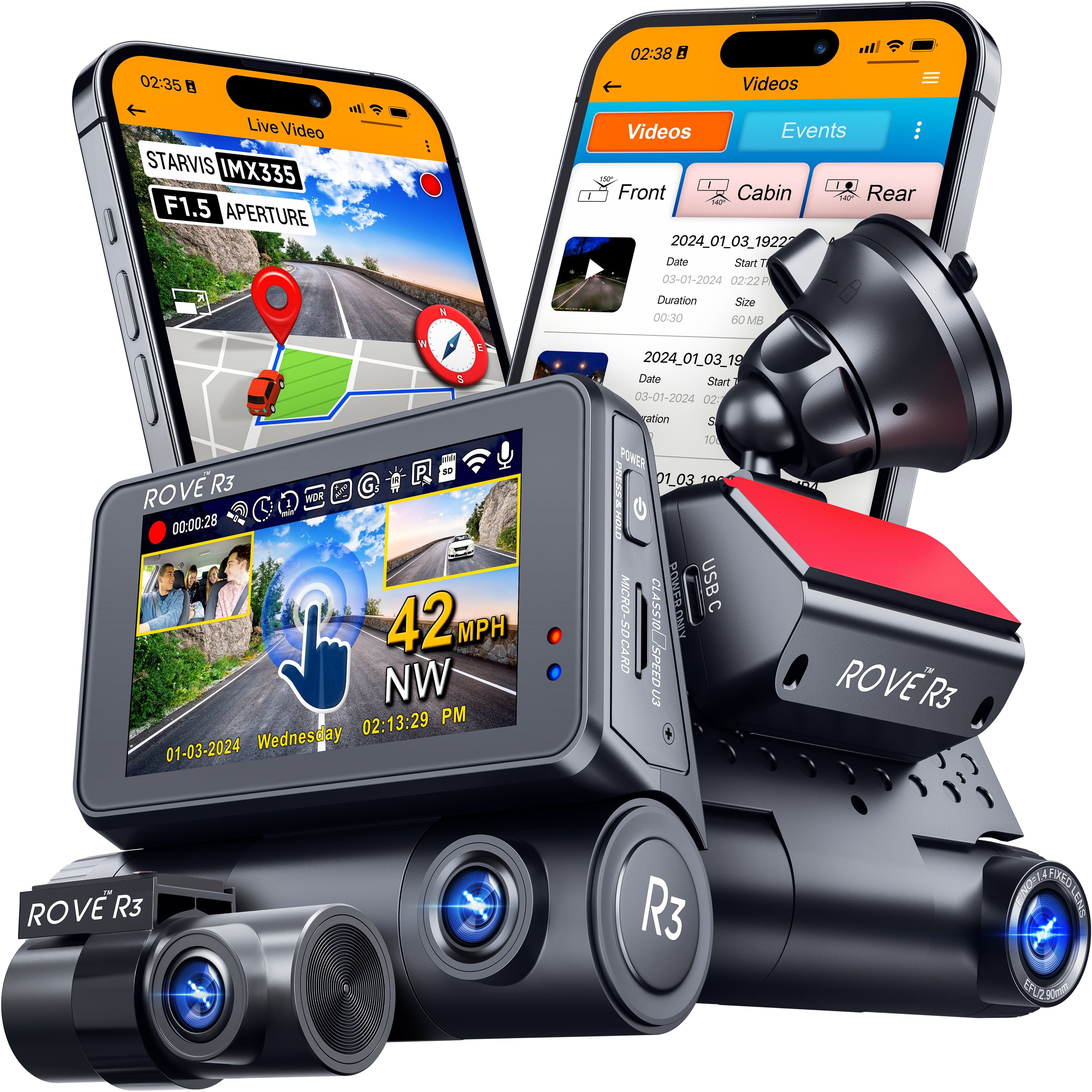 ROVE - R3 Triple Channel Touch Screen Dash Cam 1440P+1080P+1080P, 3" IPS, 5GHz WiFi, Up to 30MB/s Download Speed, Quad-Mode GPS - Black