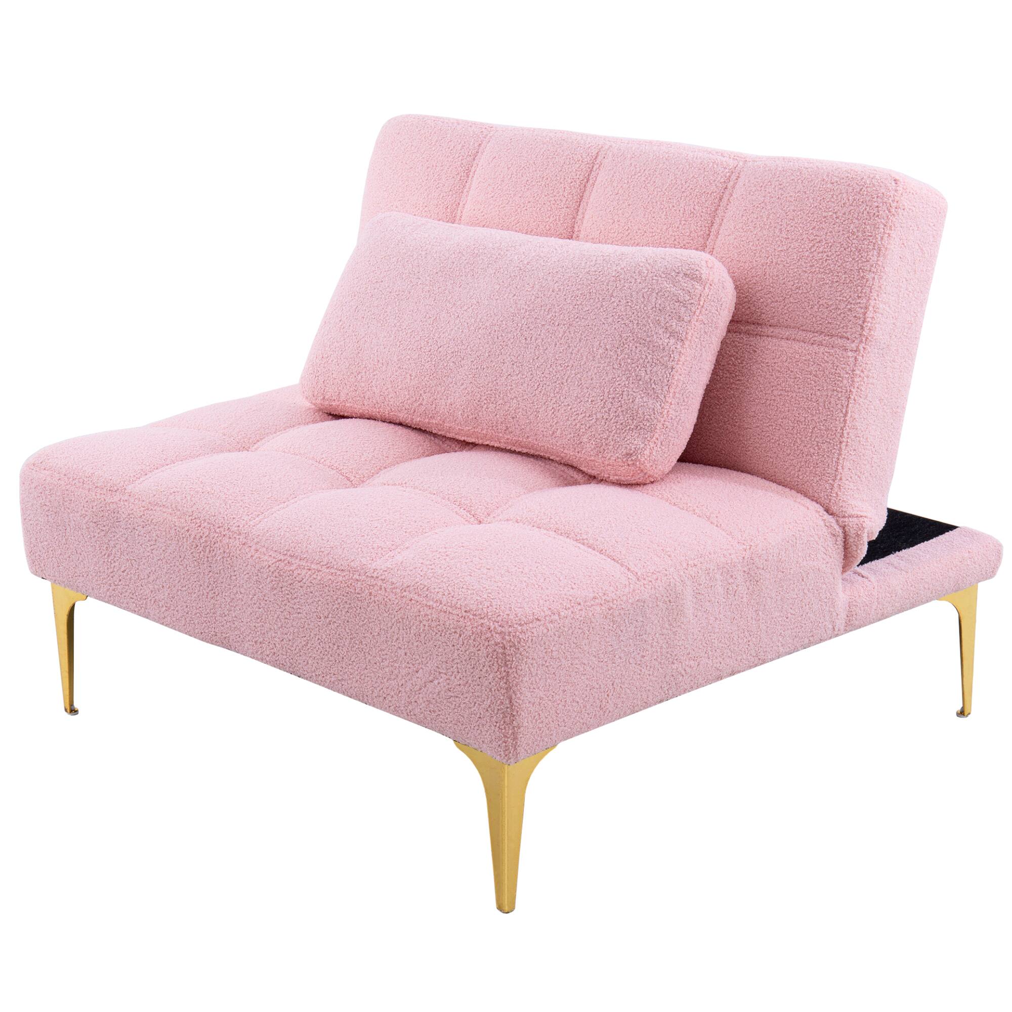 Alt View 4. GOODSILO - Convertible Sofa Bed Futon with Golden Metal Legs and Soft Fabric in Light Color - Pink Teddy.