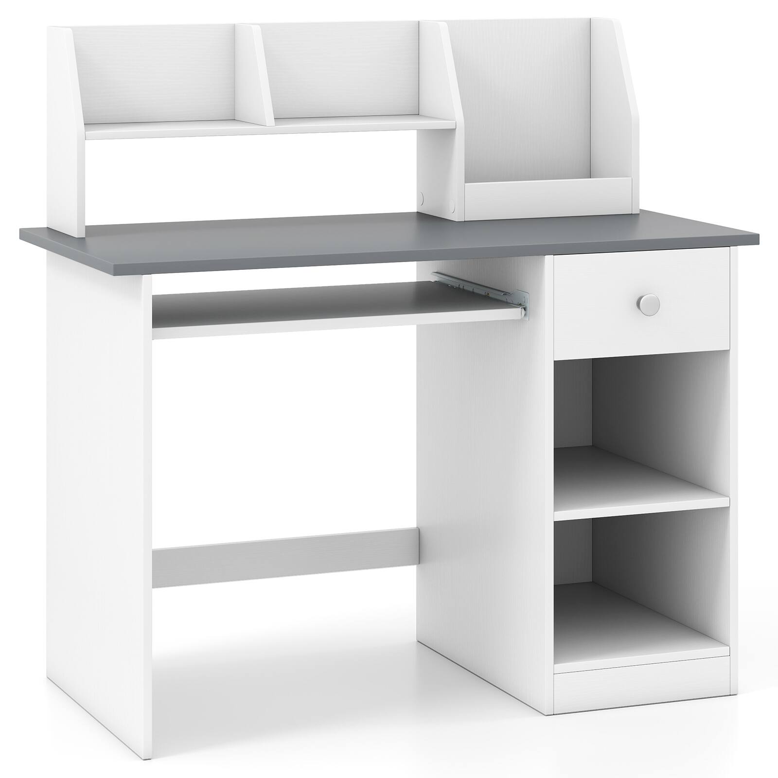 Alt View 9. Costway - Costway Kids Study Desk with Keyboard Tray & Drawer, Side Bookshelf & Upper Shelves - White + Gray.