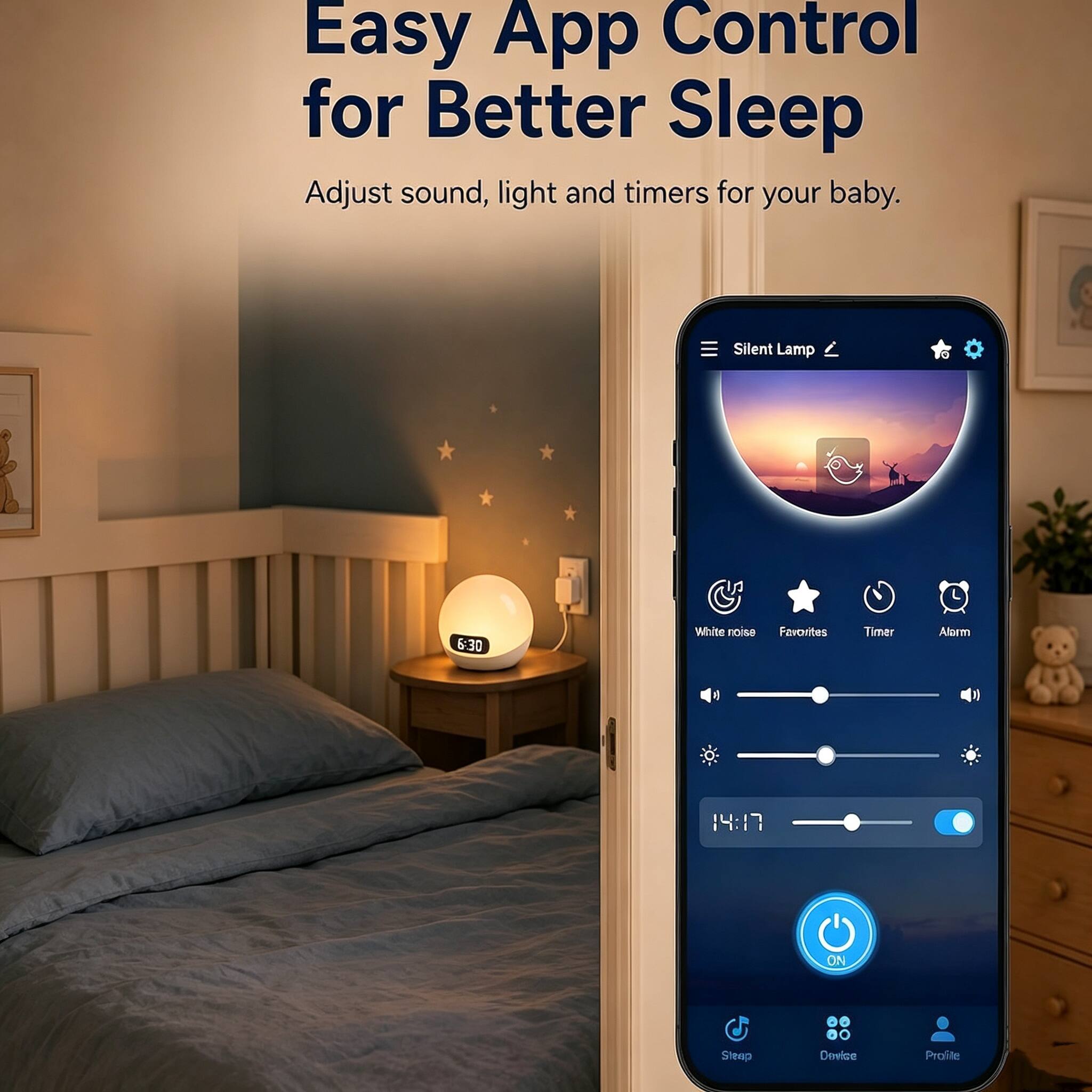 Easy App Control for Better Sleep  
Adjust sound, light and timers for your baby.  

Silent Lamp  
6:30  

White noise Favorites  
Timer  
Alarm  
14:17  
ON  

Sleep  
Device  
Profile
