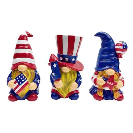 Front. OrnamentallyYou - Patriotic Gnome Trio Figurines, 6" Set of Three Garden Statues and July 4th Decoration - Multicolored.