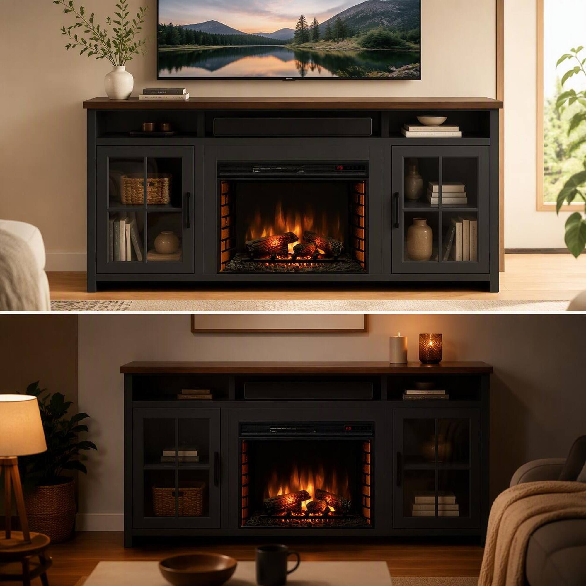 Alt View 2. RYHNUYNE - 74 Inch Farmhouse Fireplace TV Stand, Fits Up To 85 Inch TVs For Living Room Media Storage Warm Ambience - Black.
