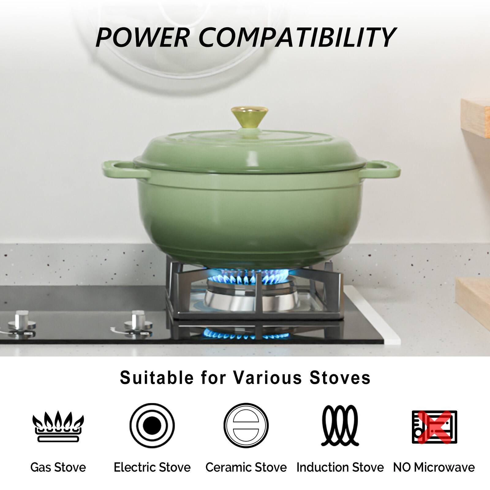 POWER COMPATIBILITY

Suitable for Various Stoves

- Gas Stove
- Electric Stove
- Ceramic Stove
- Induction Stove
- NO Microwave