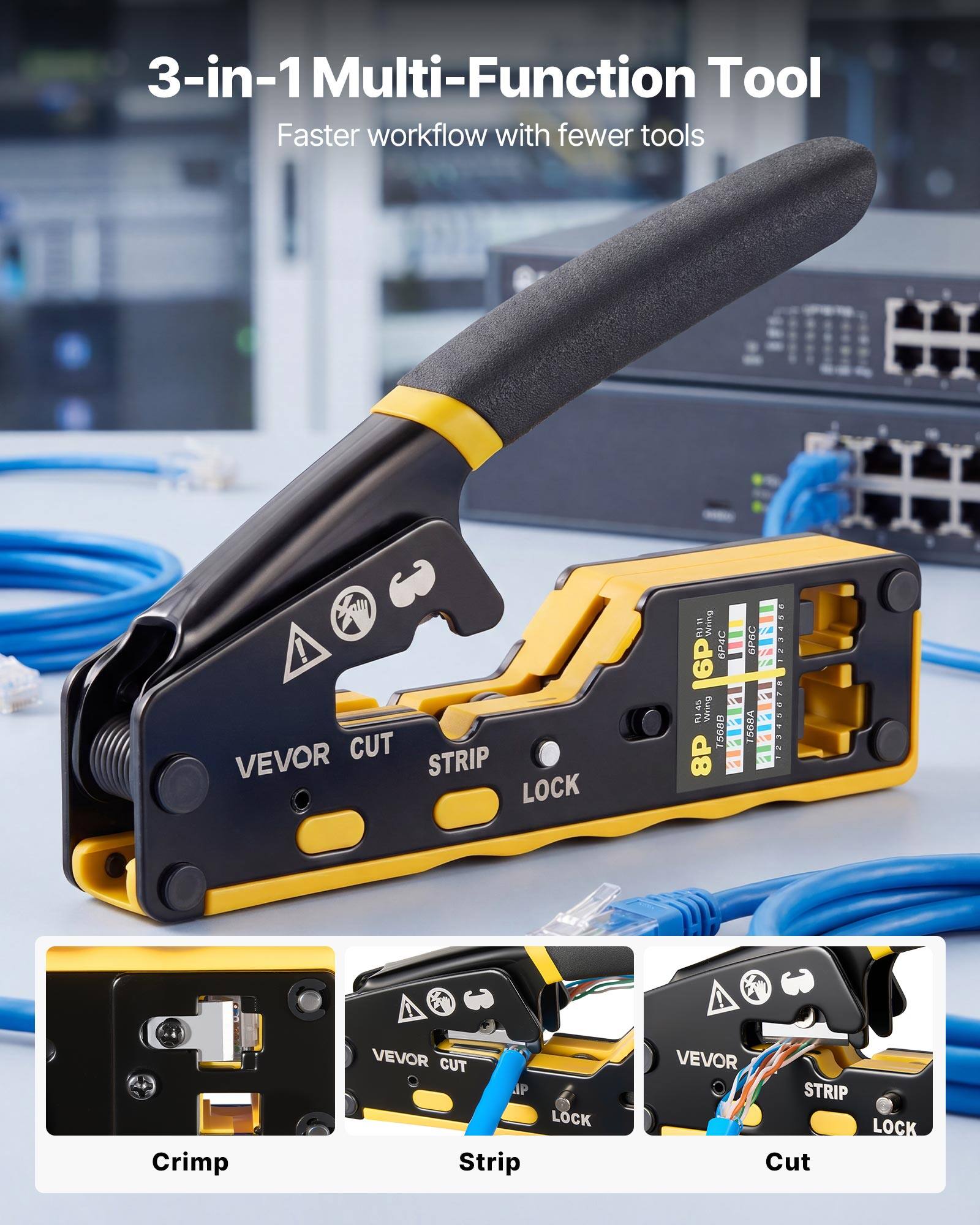 3-in-1 Multi-Function Tool  
Faster workflow with fewer tools  

VEVOR CUT STRIP LOCK  
VEVOR CUT AP LOCK Strip  
VEVOR STRIP LOCK Cut  

Crimp  
Strip  
Cut