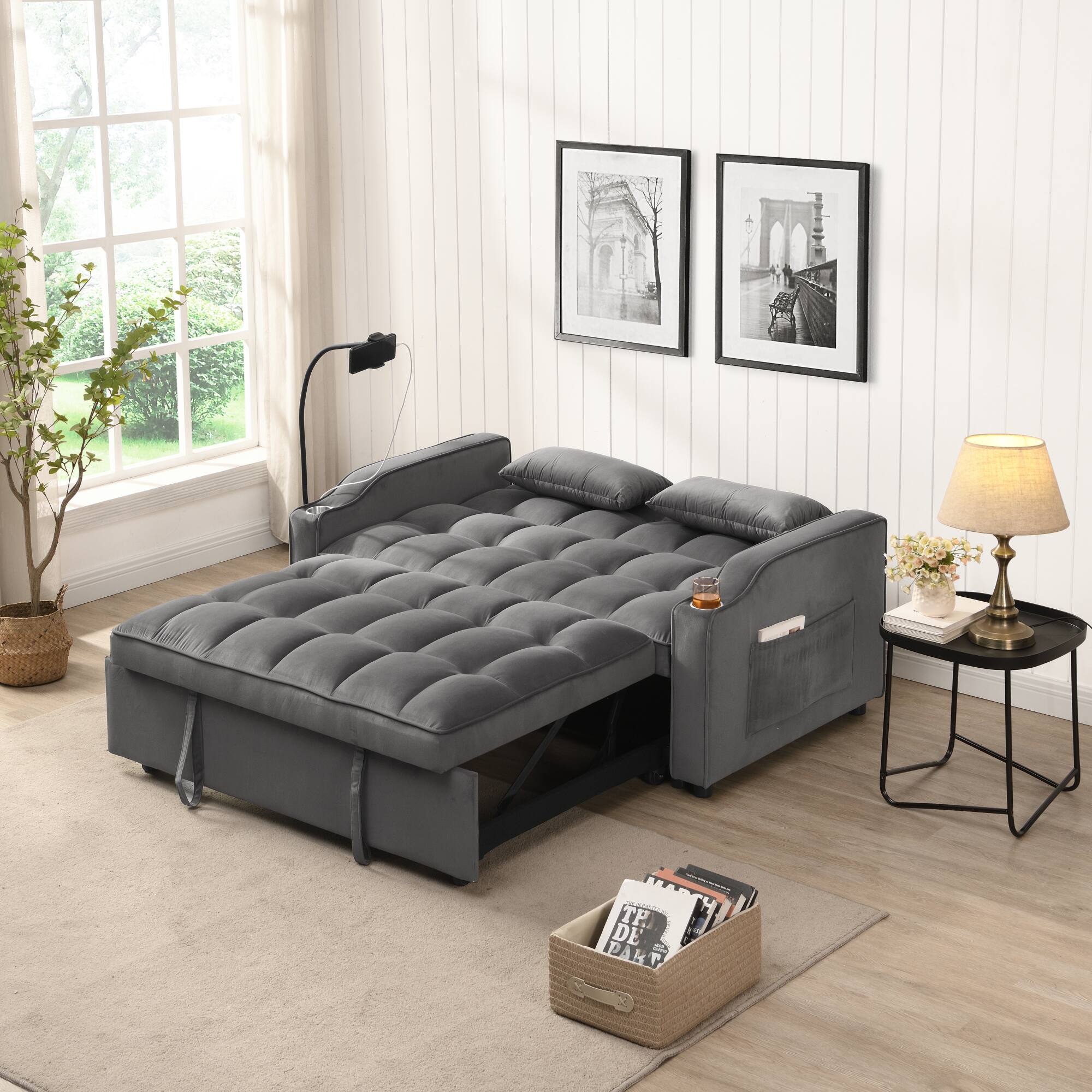Angle. GOODSILO - Convertible Velvet Sofa Bed with Adjustable Backrest, USB Ports, and Storage Pockets for Compact Living Spaces - Dark Grey.