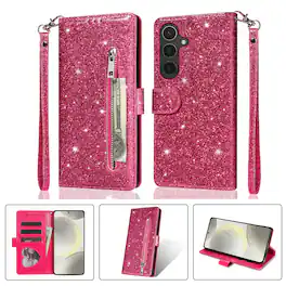 Dteck - Glitter Zipper Wallet Case for Samsung Galaxy A37 5G with Card Holder & Wrist Strap,Shockproof Protective Phone Cover - Rose