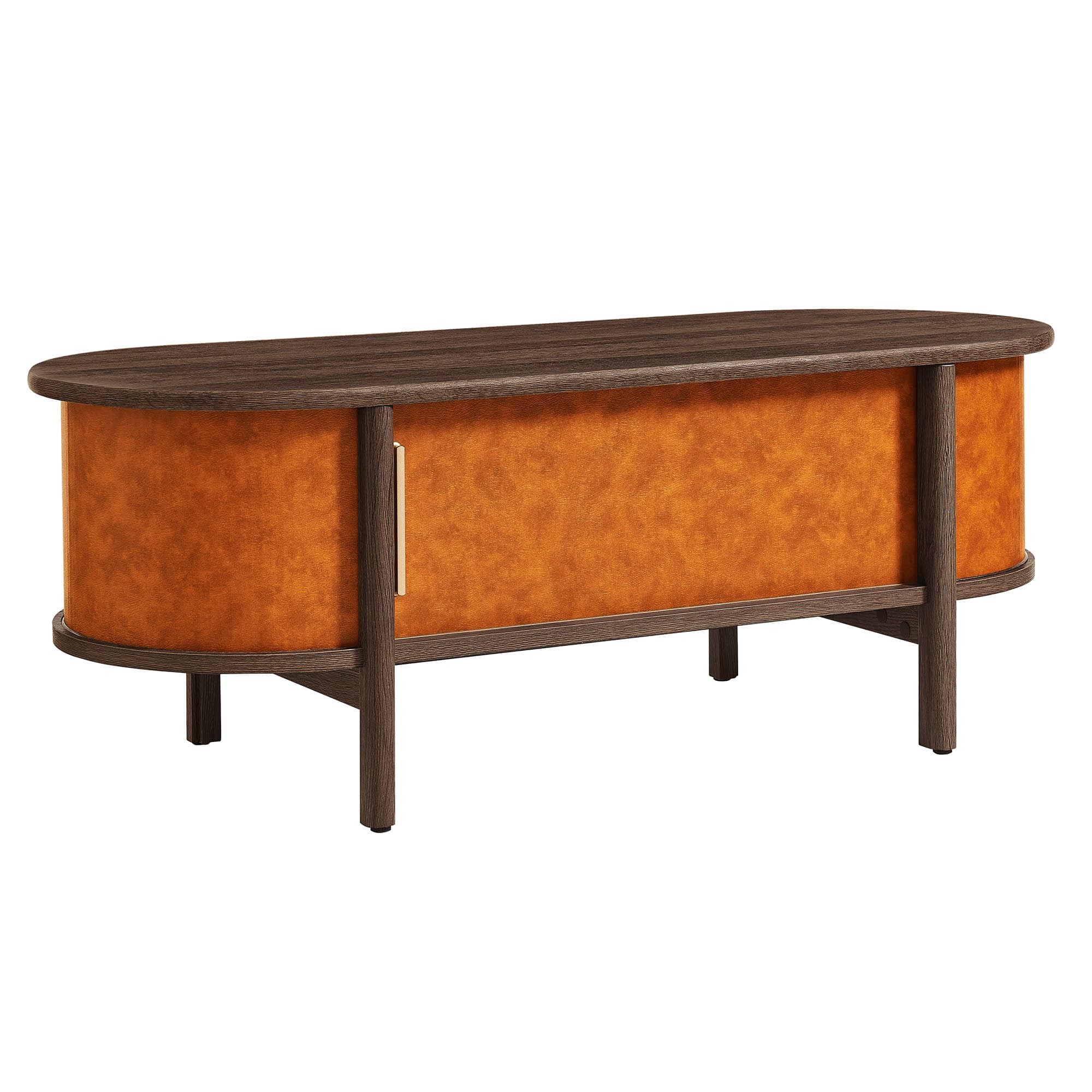 Angle. Modway - Coralie Curved Vegan Leather Oval Coffee Table by Modway - Walnut Tan.