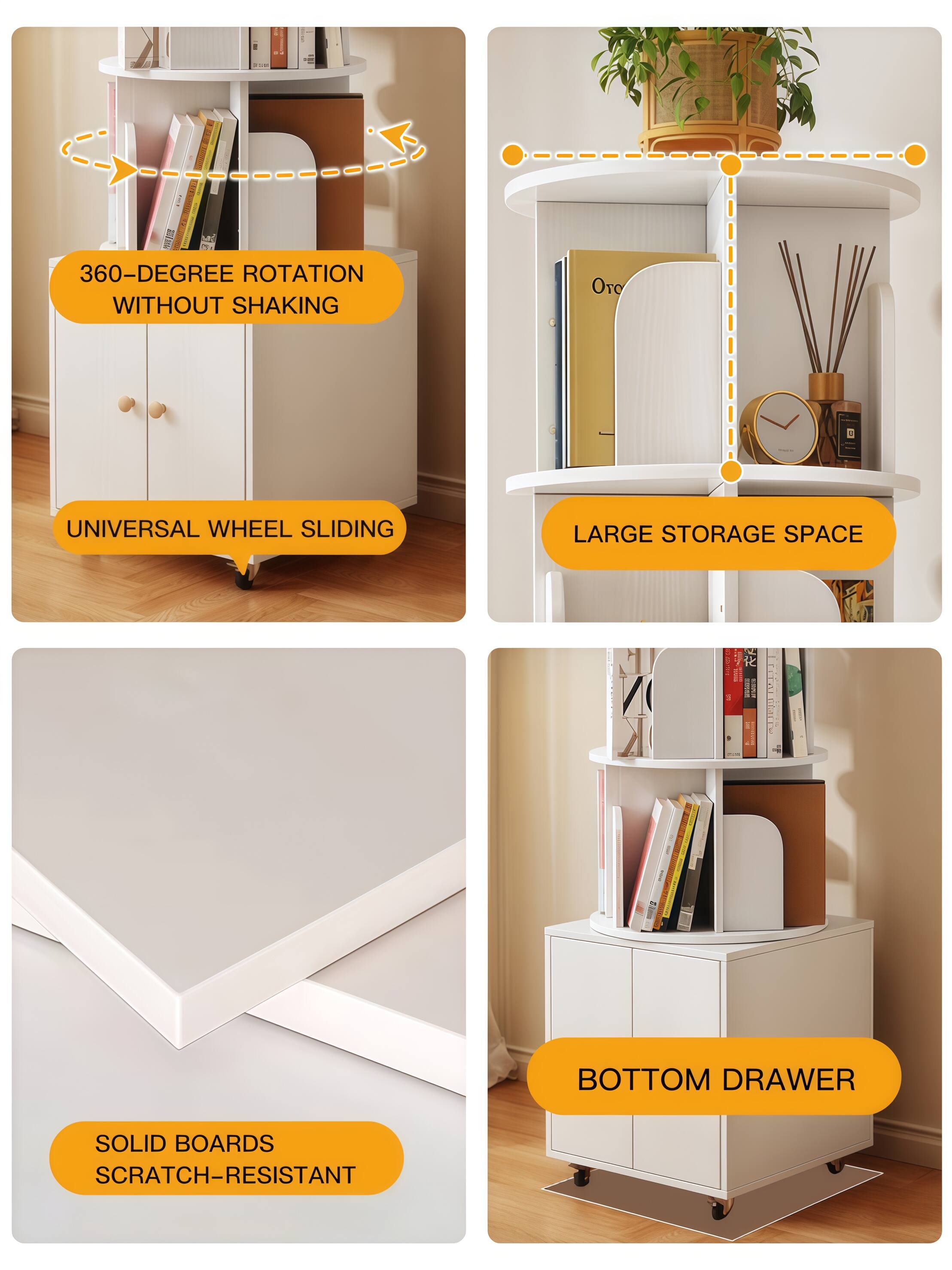 - 360-DEGREE ROTATION WITHOUT SHAKING
- UNIVERSAL WHEEL SLIDING
- LARGE STORAGE SPACE
- SOLID BOARDS SCRATCH-RESISTANT
- BOTTOM DRAWER