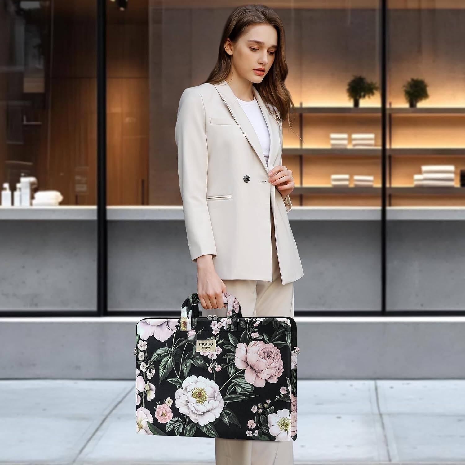 Left. mosiso - Laptop Shoulder Bag 15-16 Inch, Laptop Briefcase Sleeve with Belt for 15-15.6 inch MacBook Air Pro HP Dell ASUS Acer - Gorgeous Peony.