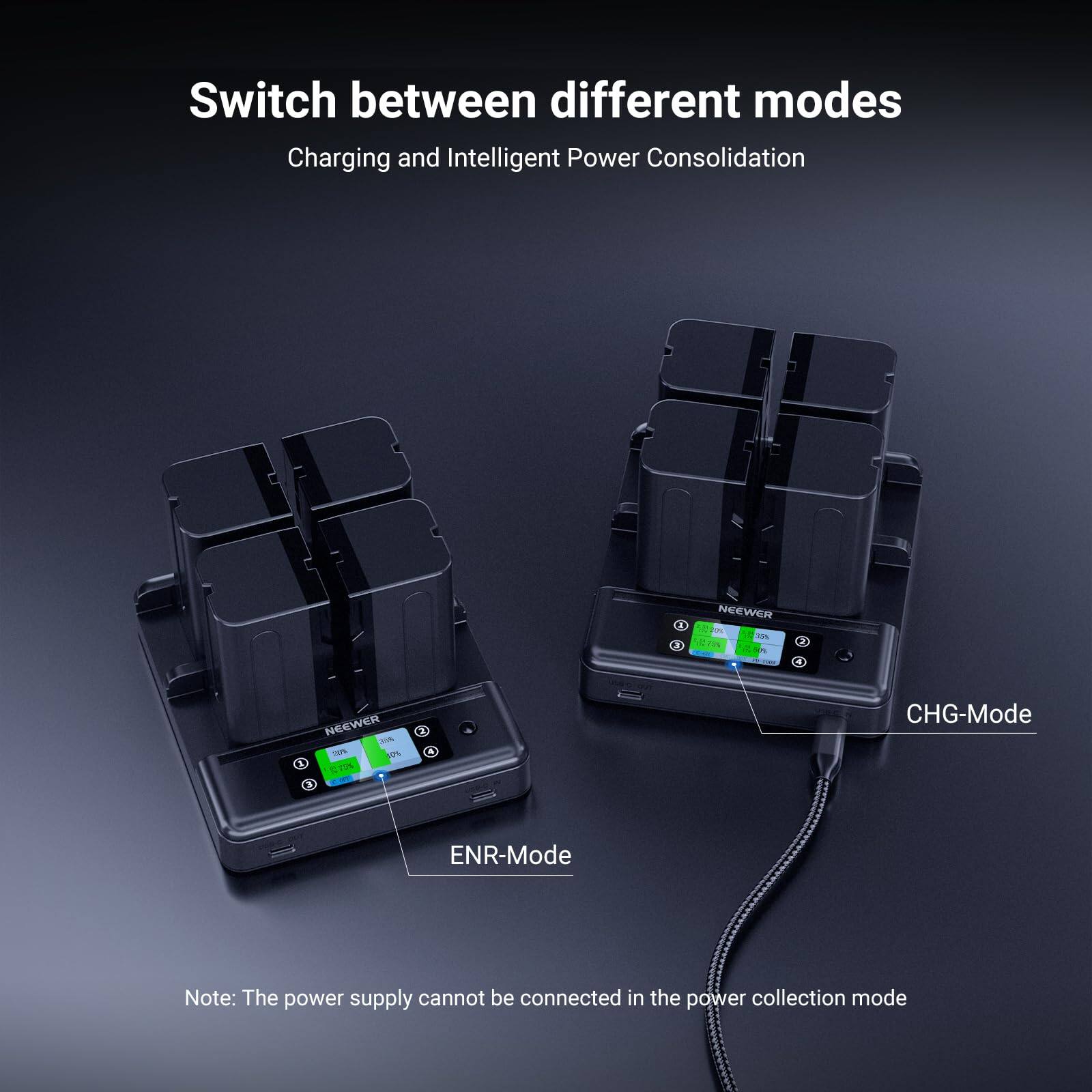 Switch between different modes  
Charging and Intelligent Power Consolidation  

NEEWER 1 30% NCT - NEEWER  

Nr 3  

CHG-Mode  
ENR-Mode  

Note: The power supply cannot be connected in the power collection mode