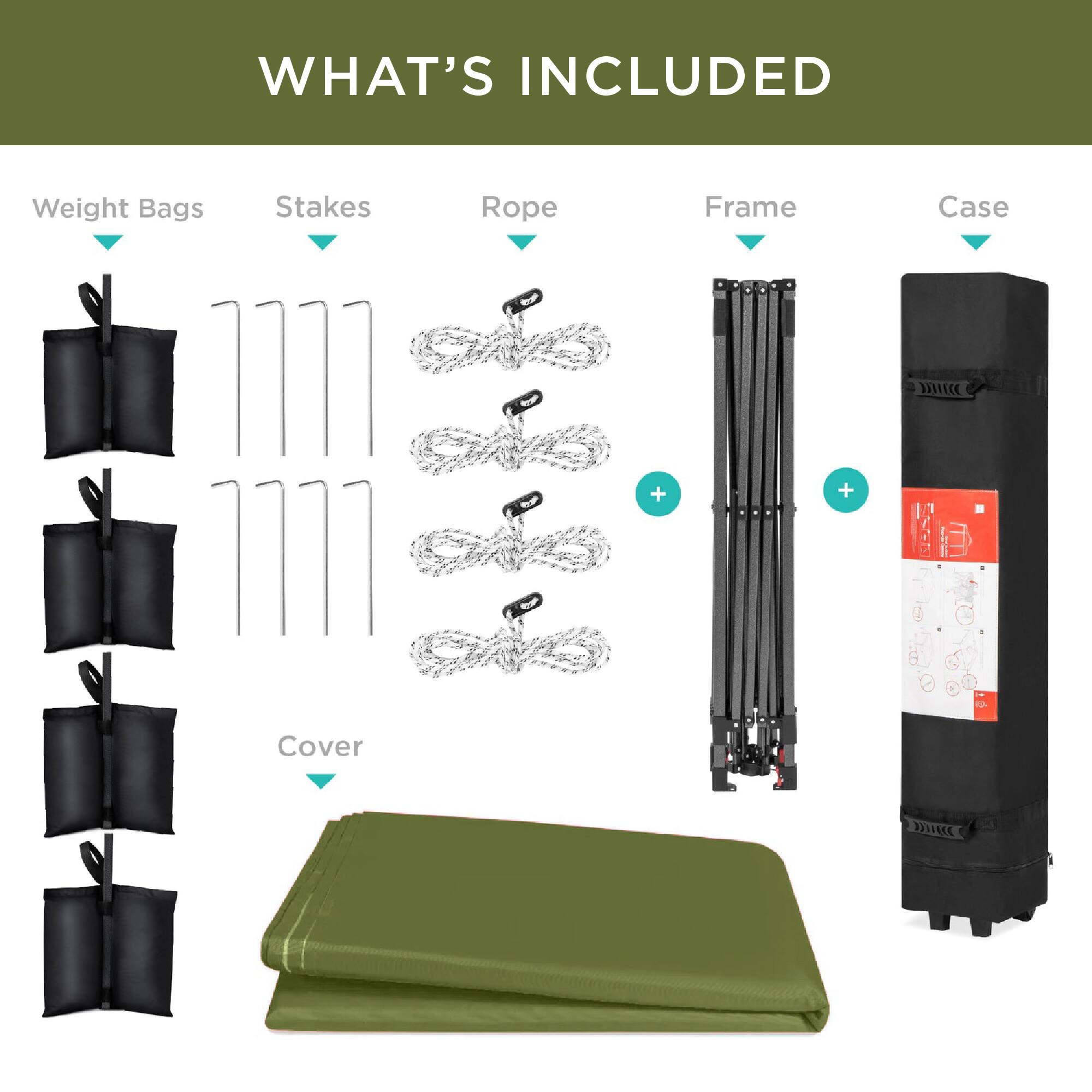 WHAT'S INCLUDED

Weight Bags  
Stakes  
Rope  
Frame  
Case  

Cover