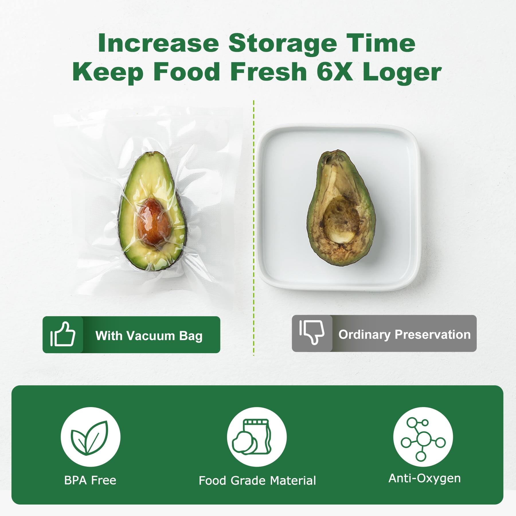 Increase Storage Time Keep Food Fresh 6X Longer

With Vacuum Bag

Ordinary Preservation

BPA Free

Food Grade Material

Anti-Oxygen