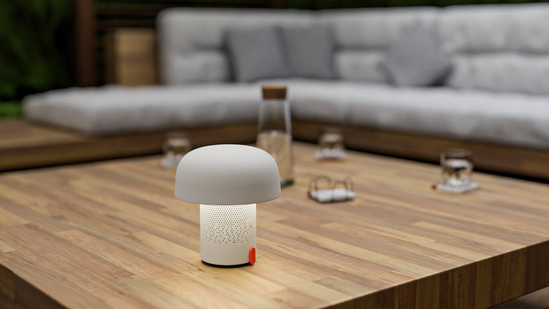 Alt View 2. Kooduu - Sensa Play- White Lamp, Cordless rechargeable indoor/outdoor speaker Lamp, Sound by JBL.