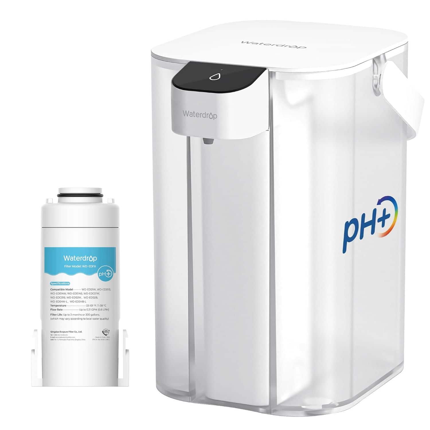 Waterdrop - ED01AW Alkaline Electric Water Filter Pitcher, 15-Cup, Instant 200-Gallon Countertop Purifier, Extra EDFA Filter - White