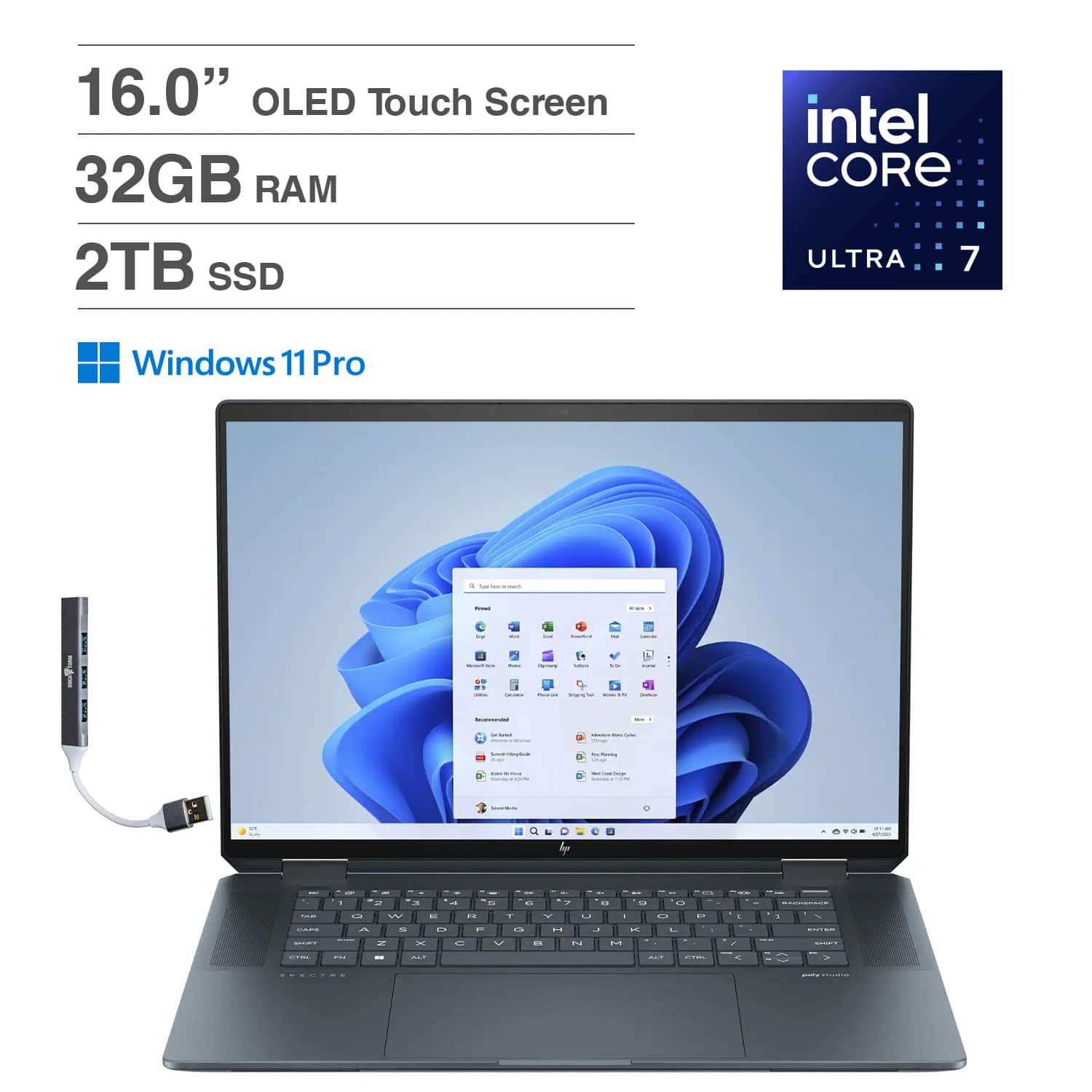 HP - Spectre x360 2-in-1 Laptop 16.0 2.8K Display (Intel Ultra 7-155H, 32GB LPDDR5X, 2TB PCIe SSD, Win 11 Pro) w/DKZ Hub - Slate Blue