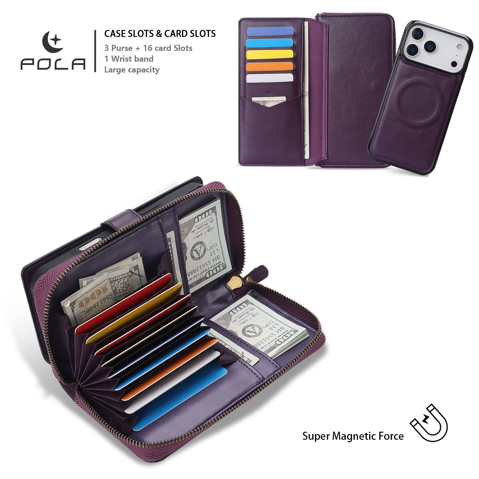 CASE SLOTS & CARD SLOTS  
3 Purse + 16 card Slots  
1 Wrist band  
POLA Large capacity  

DOLLY 2XLL 55612888L 2888L  
100 C COPY TIS BM 55612888 100 100 2016 COPY L12 BM 5561288 100  

Super Magnetic Force