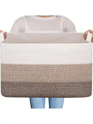 Front. Live At Space - Large Storage Basket, Cotton Rope Woven Blanket Basket, Bin Room, Container Blanket Storage in Living Room, - Ombre Brown + 65L.