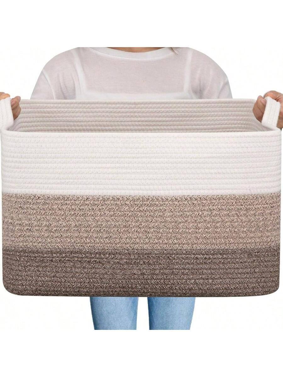 Front. Live At Space - Large Storage Basket, Cotton Rope Woven Blanket Basket, Bin Room, Container Blanket Storage in Living Room, - Ombre Brown + 65L.