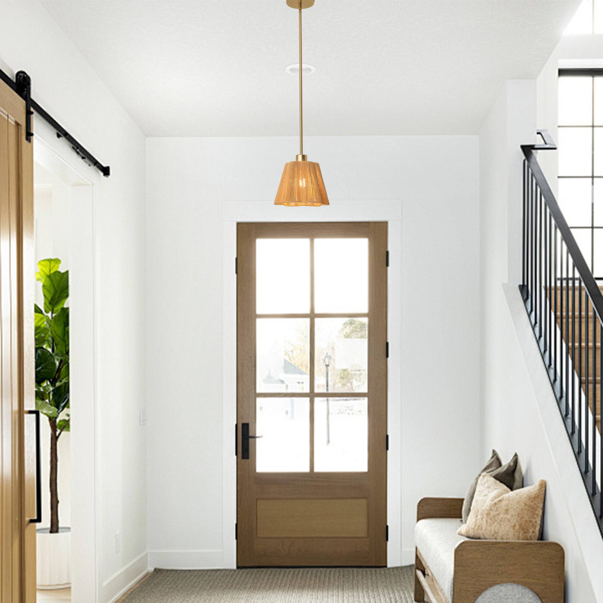 Back. Parrot Uncle - 7.3" Modern Gold Pendant Ceiling Light with Beige Paper Rope Shade - Gold.