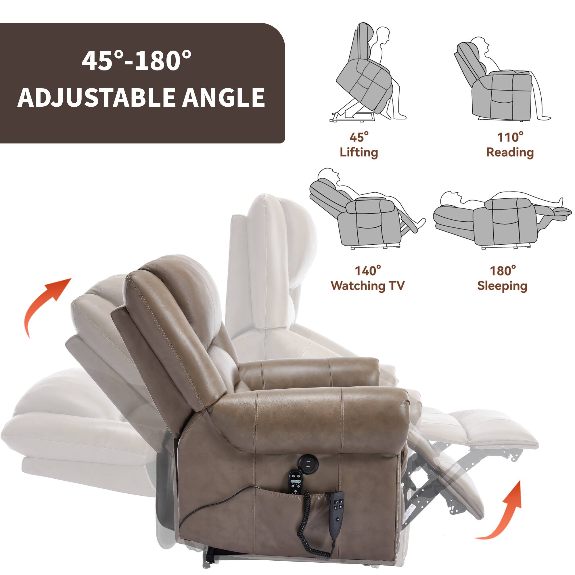 45°-180° Adjustable Angle

45° Lifting  
110° Reading  
140° Watching TV  
180° Sleeping