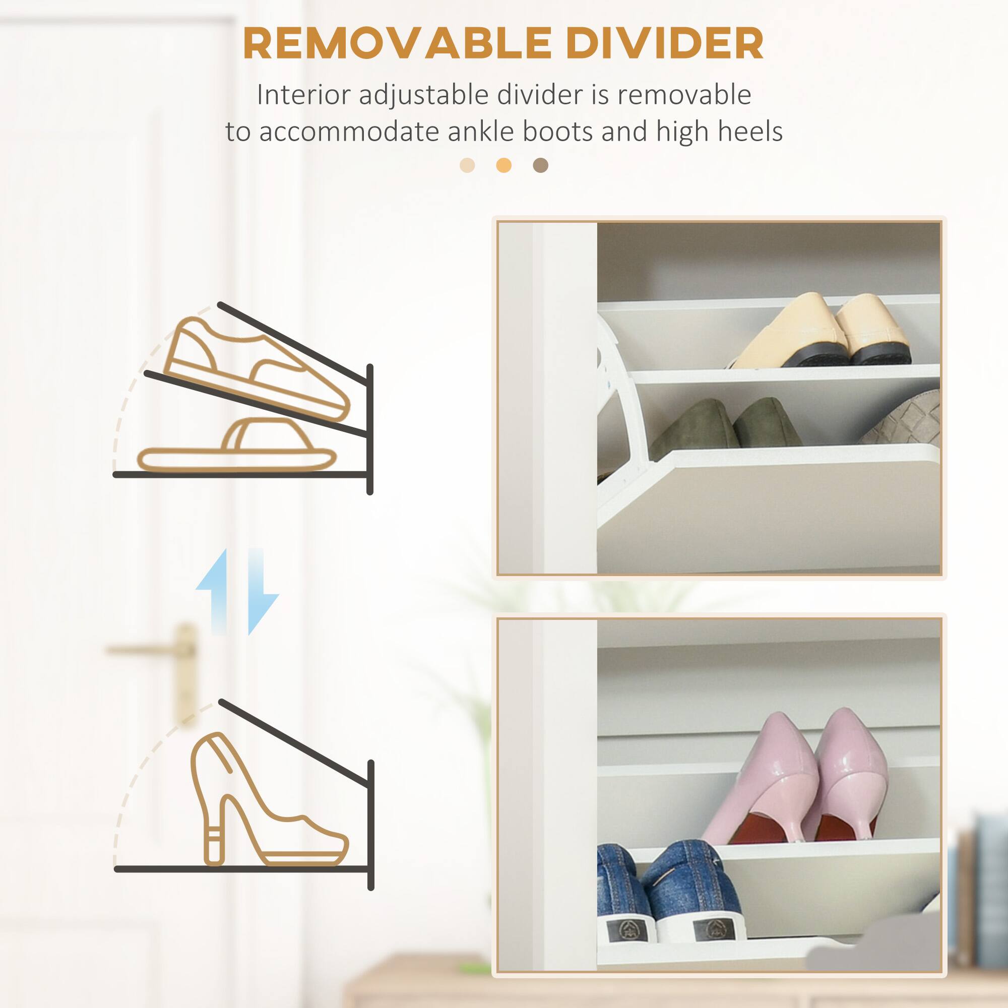 REMOVABLE DIVIDER  
Interior adjustable divider is removable to accommodate ankle boots and high heels