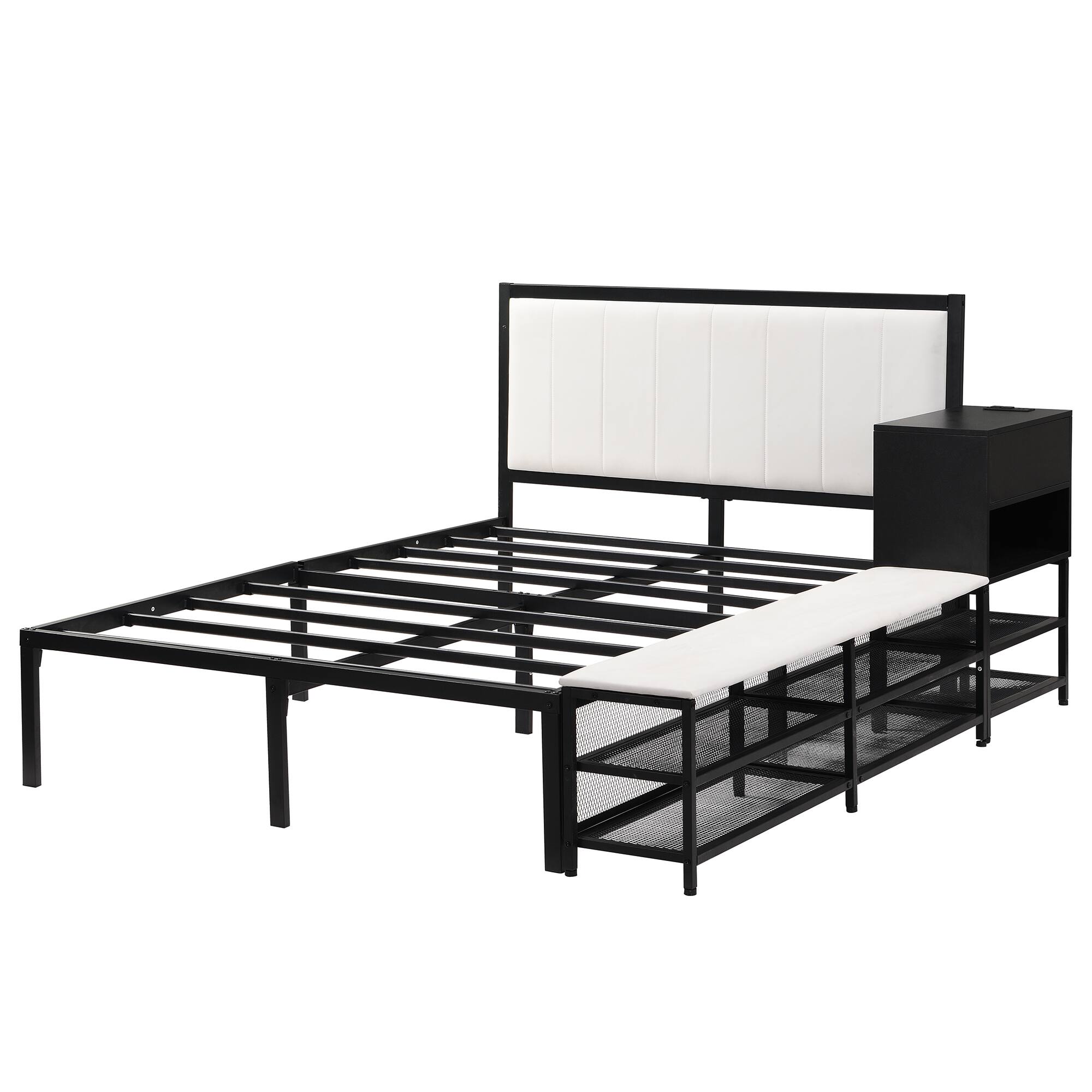 Alt View 5. Tiramisubest - Full size Metal Platform Bed with Two-Tier Storage Shelves, Wooden Storage Cabinet, Black - Black.
