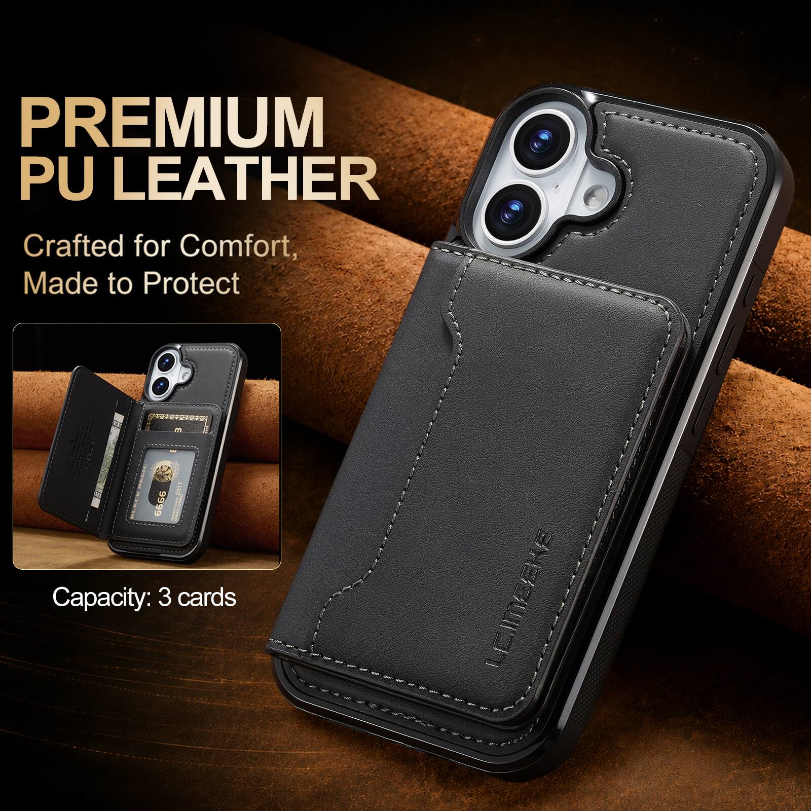 PREMIUM PU LEATHER  
Crafted for Comfort, Made to Protect  

9999  

Capacity: 3 cards