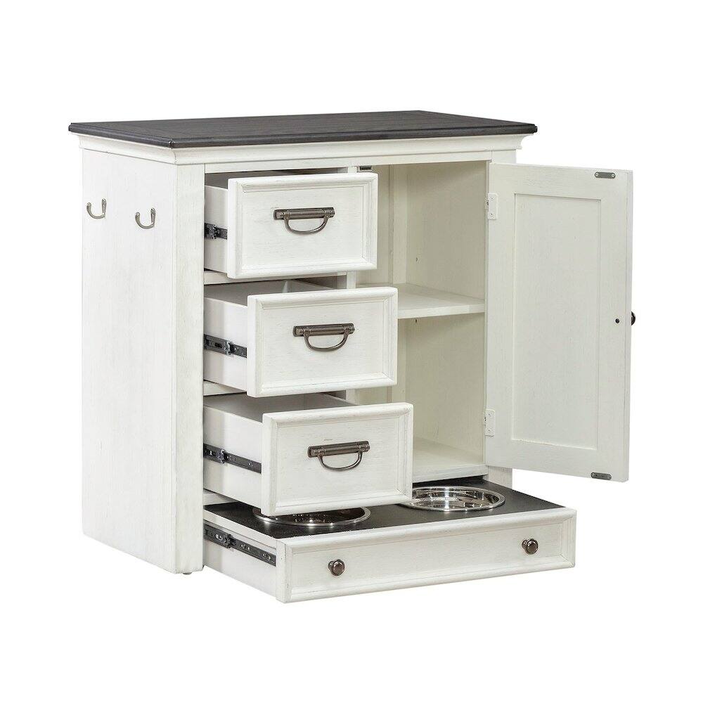 Angle. Liberty Furniture Industries - Cabinet Cottage Home Storage Pet Food Bowl Drawer - White w/ Charcoal Tops - Wirebrushed White W/ Charcoal Tops.