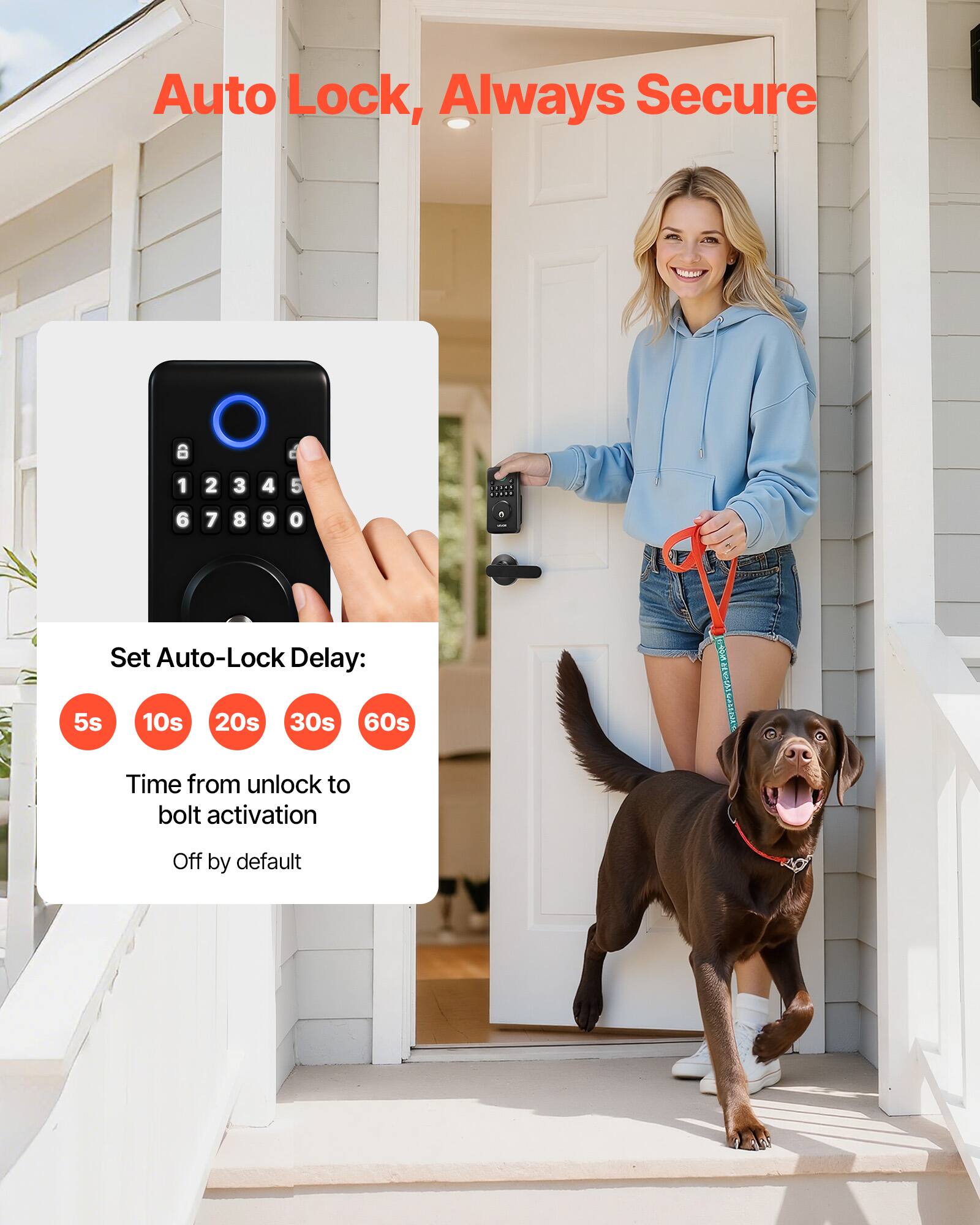 Auto Lock, Always Secure

Set Auto-Lock Delay:
5s 10s 20s 30s 60s

Time from unlock to bolt activation
Off by default