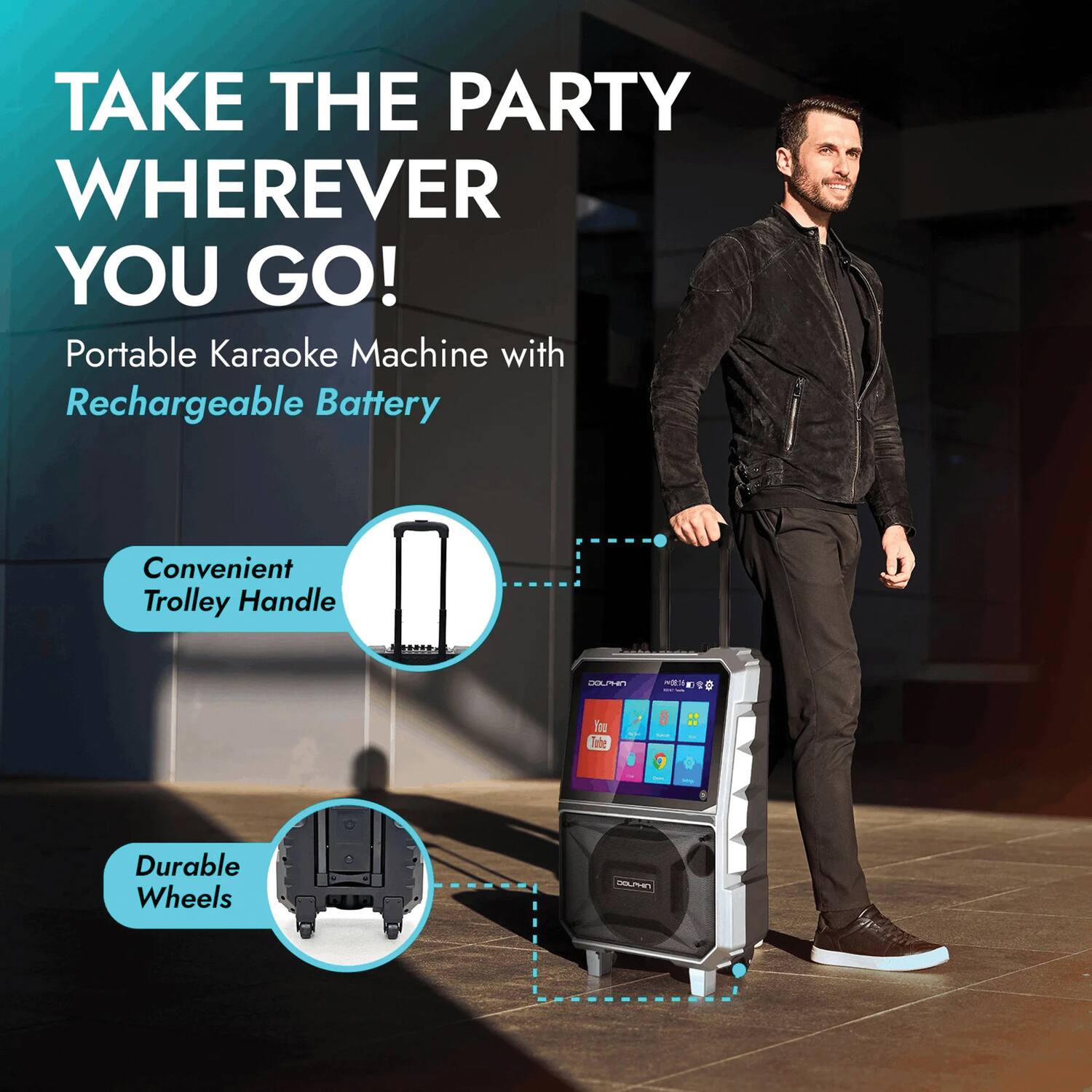 TAKE THE PARTY WHEREVER YOU GO!

Portable Karaoke Machine with Rechargeable Battery

- Convenient Trolley Handle
- Durable Wheels