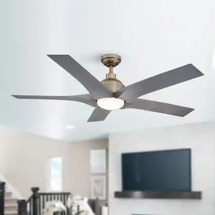Front. Parrot Uncle - 56" Modern Brushed Bronze LED Ceiling Fan with Remote, 5 Grey Woodgrain ABS Blades, Reversible DC Motor - Brushed Bronze.