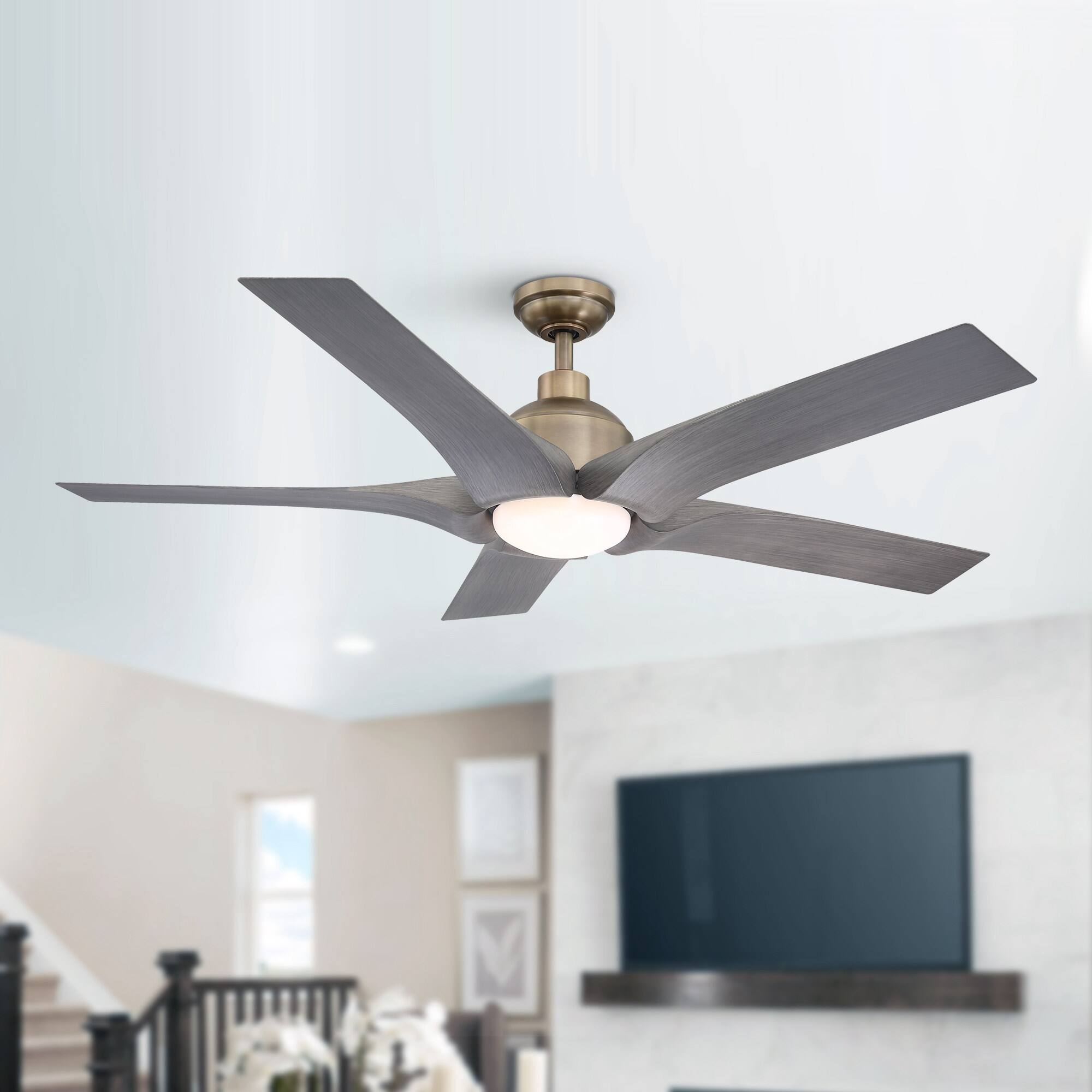 Front. Parrot Uncle - 56" Modern Brushed Bronze LED Ceiling Fan with Remote, 5 Grey Woodgrain ABS Blades, Reversible DC Motor - Brushed Bronze.