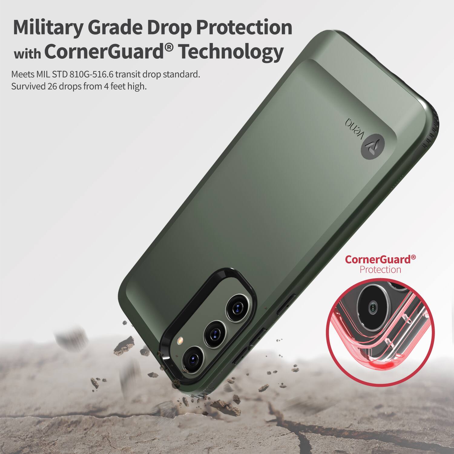 Military Grade Drop Protection with CornerGuard Technology. Meets MIL STD 810G-516.6 transit drop standard. Survived 26 drops from 4 feet high. DUDA CornerGuard Protection