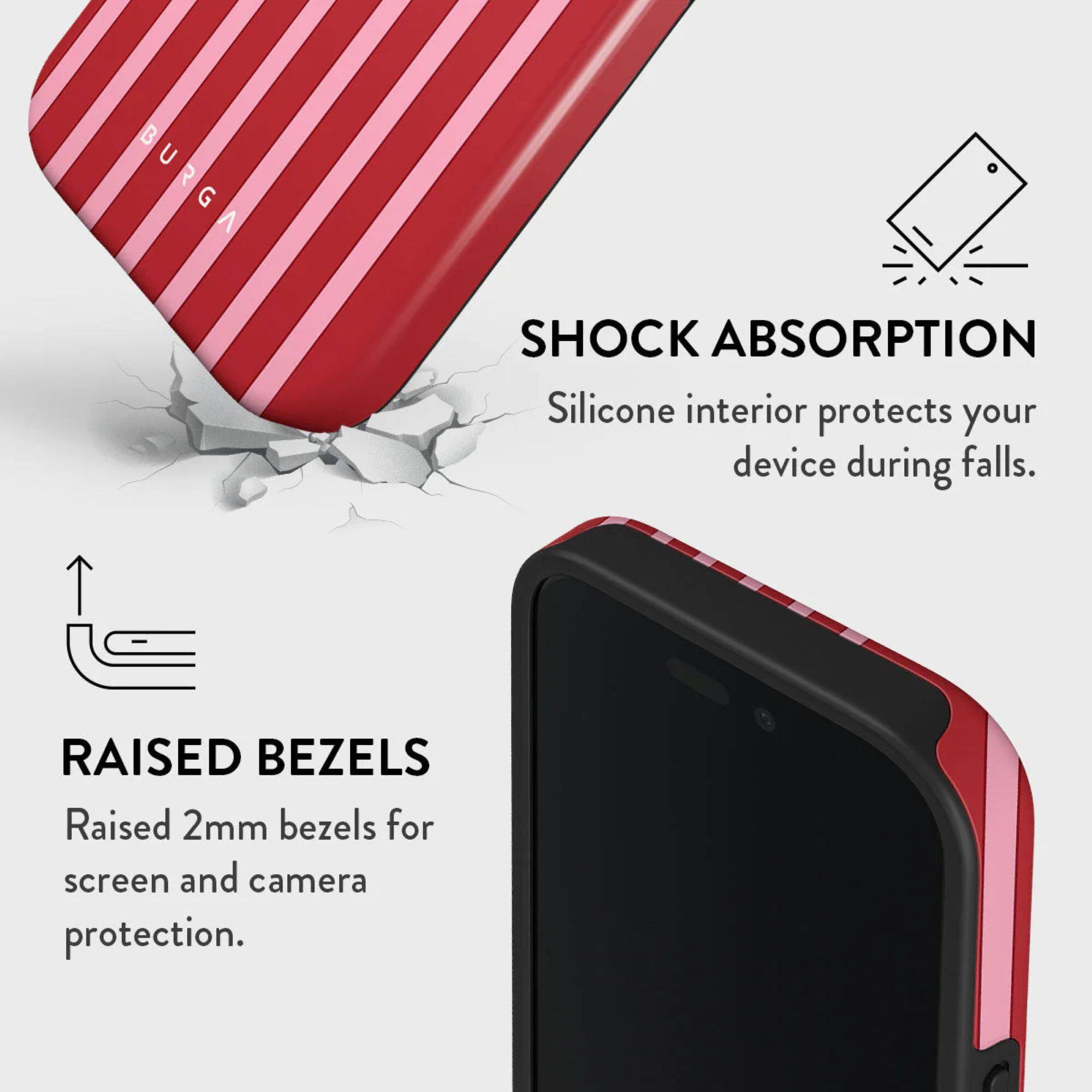 **SHOCK ABSORPTION**  
Silicone interior protects your device during falls.

**RAISED BEZELS**  
Raised 2mm bezels for screen and camera protection.