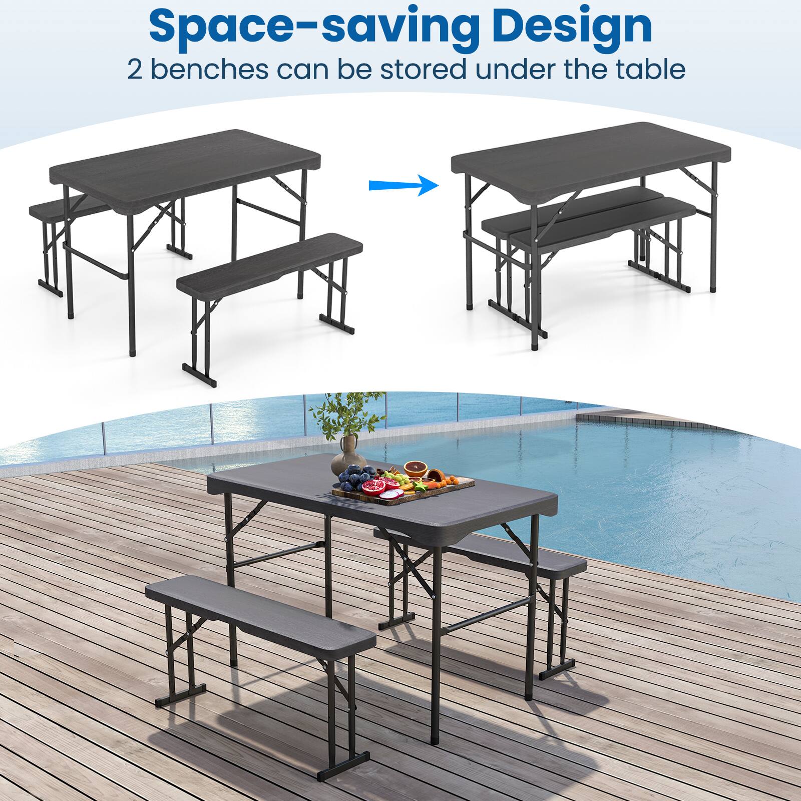 Space-saving Design  
2 benches can be stored under the table