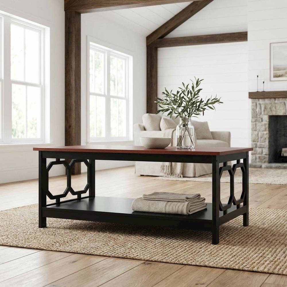 Left. FurniFact - Cherry Black Coffee Table with Shelf MDF Construction Contemporary Design - Cherry.