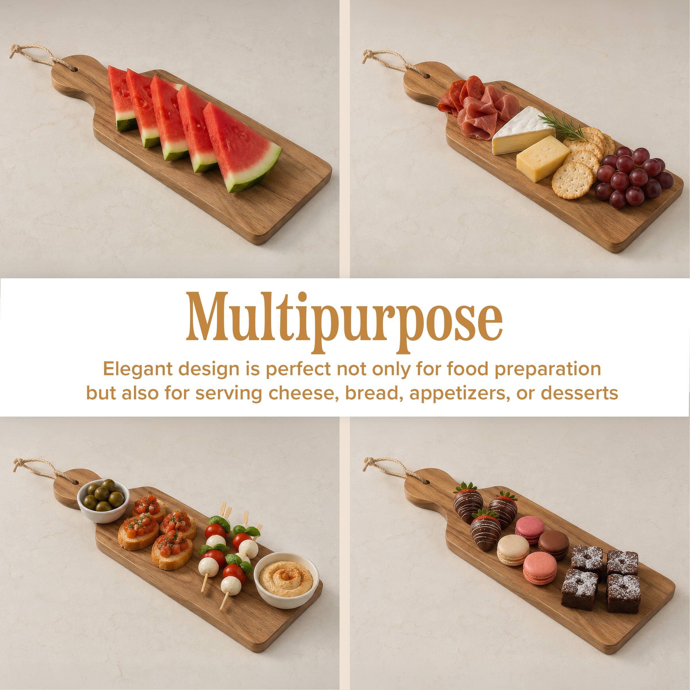 Multipurpose

Elegant design is perfect not only for food preparation but also for serving cheese, bread, appetizers, or desserts