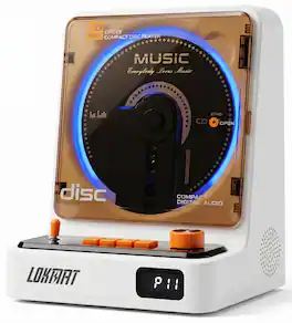 LOKMAT - CD211 Portable Retro CD player with HiFi Speakers, Bluetooth 5.3, Micro SD/AUX interface, 6 Light Modes for Outdoor/Home - White