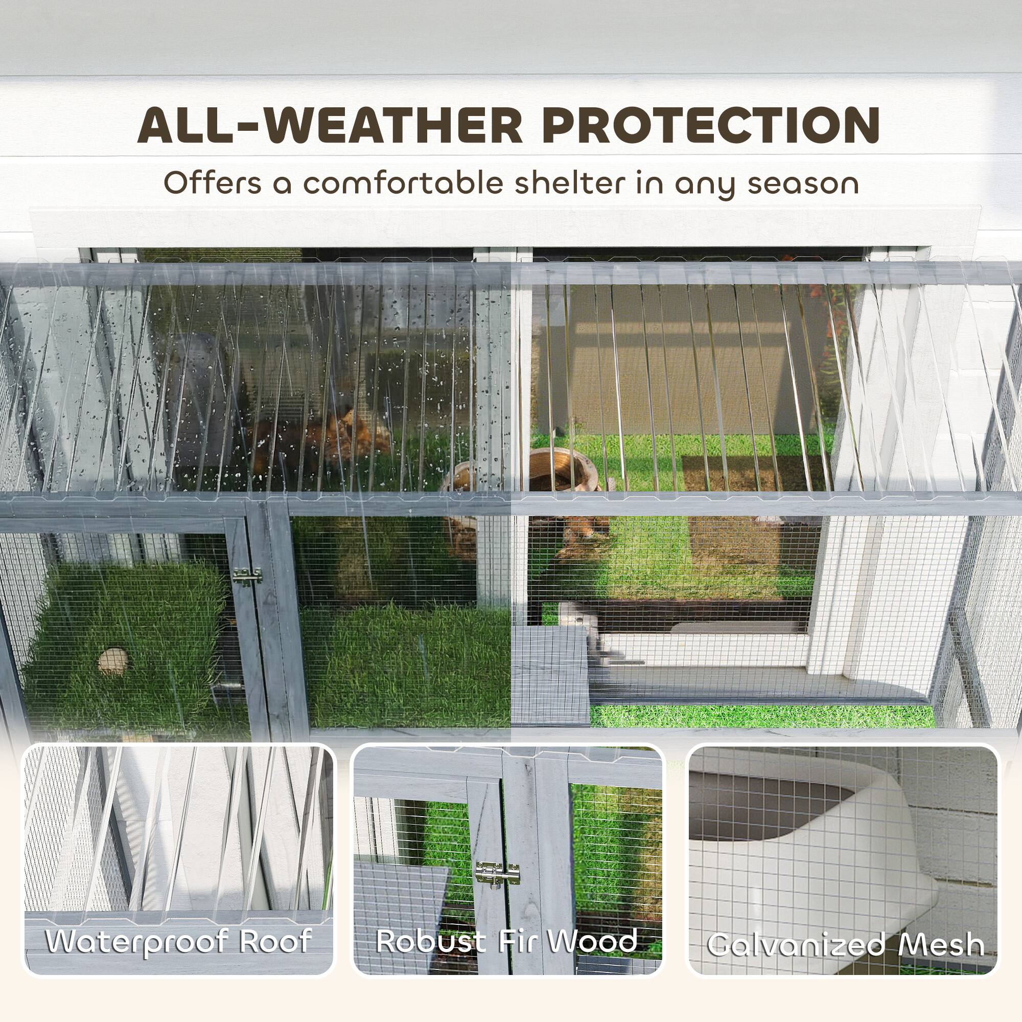 ALL-WEATHER PROTECTION  
Offers a comfortable shelter in any season  

- Waterproof Roof  
- Robust Fir Wood  
- Galvanized Mesh